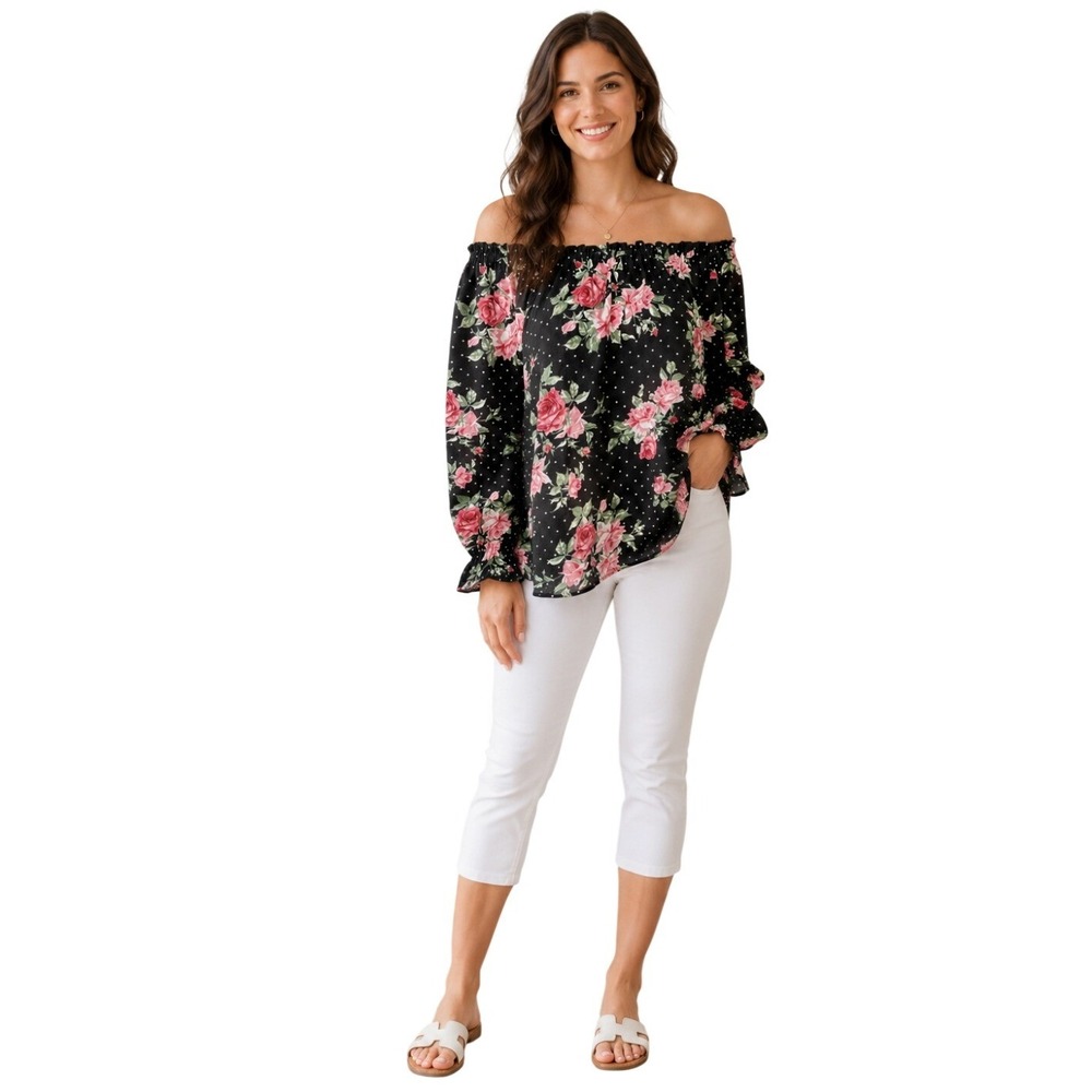 Paisley Raye Women's SZ S NWT Peasant Top Roses on Black w/ White Polka Dots
